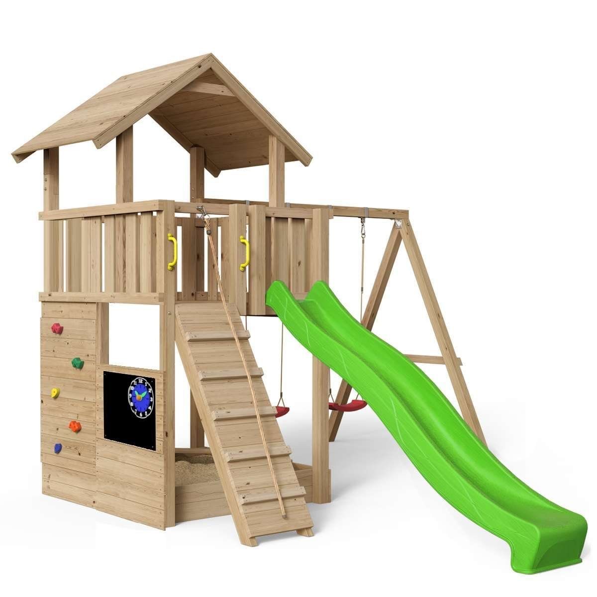 SCHEFFER Outdoor Toys Spielturm Spielturm naturbelassenes Larchenholz mit Kletterwand groBer Kreidetafel Sandkasten Rampe und Doppelschaukel